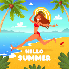 Obraz na płótnie Canvas Hello summer. Cartoon illustration of a beautiful tanned girl run on a beach to sea. Vector 10 EPS.