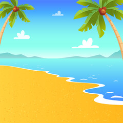 Fototapeta na wymiar Tropical beach landscape. Bright cartoon summer background with sea, golden sand, palm trees and blue sky with little clouds. Vector 10 EPS.