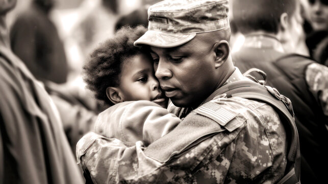 A touching moment of a small child, crying as he clings to his soldier father before he leaves for duty.  Their shared sorrow etched into the air, a tender farewell when duty's call. Generative AI
