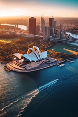 Naklejka premium AI Generated. Captivating City View of Sydney, Australia Iconic Sydney Opera House, Majestic Harbour Bridge. Stylish Poster Design 