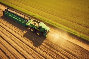 AI Generated. Aerial View of Combine Harvester in Green Field. Modern Farming Technology at Work. Real Photo Capturing Efficiency and Productivity.