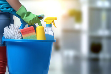 AI Generated. Cleaning Lady with Bucket and Cleaning Products. Professional Housekeeper at Home. Neat and Efficient Cleaning Service on Blurred Background. - obrazy, fototapety, plakaty