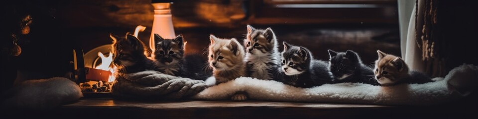 Fototapeta na wymiar A group of kittens sitting on top of a wooden table. Generative AI image.