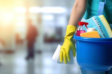 AI Generated. Cleaning Lady with Bucket and Cleaning Products. Professional Housekeeper at Home. Neat and Efficient Cleaning Service on Blurred Background. - obrazy, fototapety, plakaty