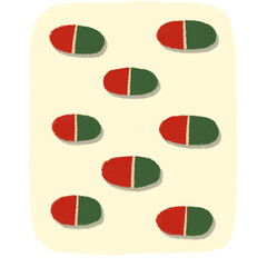 A drawing of a tablet of capsule medicine with half red, half green