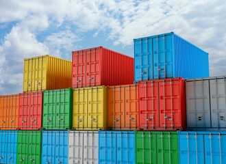 Group of colorful cargo containers under blue cloudy sky