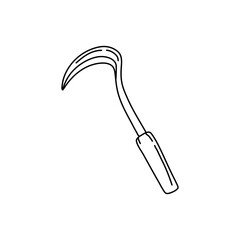 Garden sickle in hand drawn doodle style isolated on white background