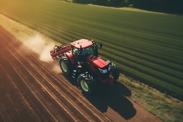 Fototapeta premium AI Generated. Aerial Top View of Red Tractor Mowing Green Field. Real Photo Capturing Vibrant Agriculture in Action.