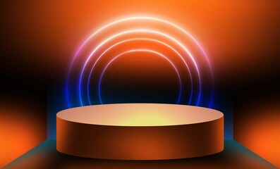 3d render of an orange podium with lights and a spotlight shining from behind