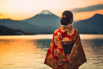 Asian woman in traditional Japanese kimono on Mount Fuji. AI
