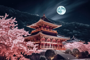 Night view of Toji Temple pagoda and giant sakura tree blossom in Kyoto, Japan, AI