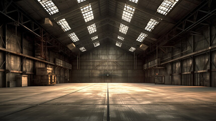 Empty old military hangar or warehouse storage hall Generative AI - obrazy, fototapety, plakaty
