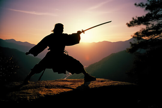 Japanese samurai in a black dress trains outdoors against the backdrop of beautiful mountains, AI