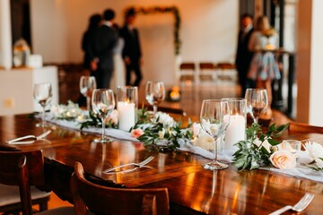 Table decorated with candles and bouquets for the wedding with people in the blurred background