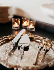 Vertical shot of serving cutlery for meals prepared for the wedding ceremony