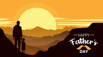 Lettering Happy Father's Day and silhouette of father and daughter on background of adventure 