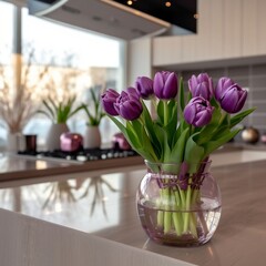Fototapeta na wymiar Modern Elegance Purple Tulips in Glass Jar. Generative AI