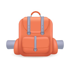 Red backpack for hiking or camping 3D illustration. Cartoon drawing of bag for tourists or backpackers during trips in 3D style on white background. Camping, baggage concept