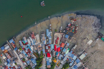 Aerial top view of buildings at the Port Klang