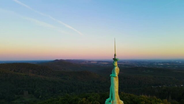 Drone view of a Hermann Monument in the Teutoburg forest in Detmold, North Rhine-Westphalia, Germany