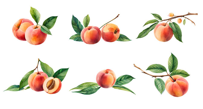 Set of watercolour peaches. Generative Ai