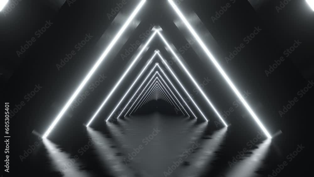 Fototapete abstract of glowing triangle neon light tunnel in the dark. loop 3d animation.