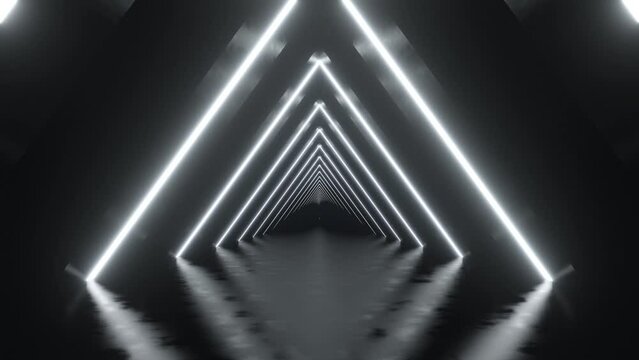 Abstract of glowing triangle neon light tunnel in the dark. Loop 3d animation.