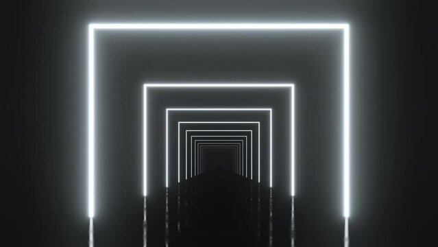 Abstract of glowing geometric neon light tunnel in the dark. Loop 3d animation.