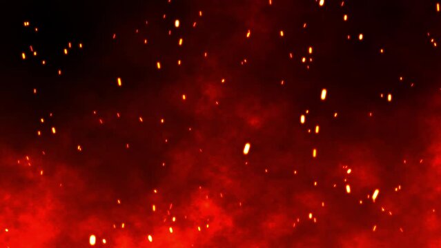 Burning red hot sparks rise from fire seamless loop ,Fire Particles over background with red smoke