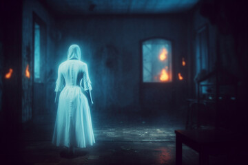Scary ghost woman in haunted house. Generative ai