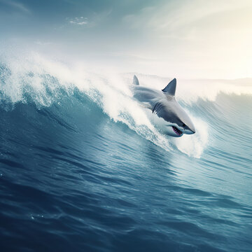 Dramatic image of a shark jumping out of the huge wave in the ocean.