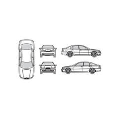 car outline, year 1999, isolated white background, front, back, top and side view, part 2