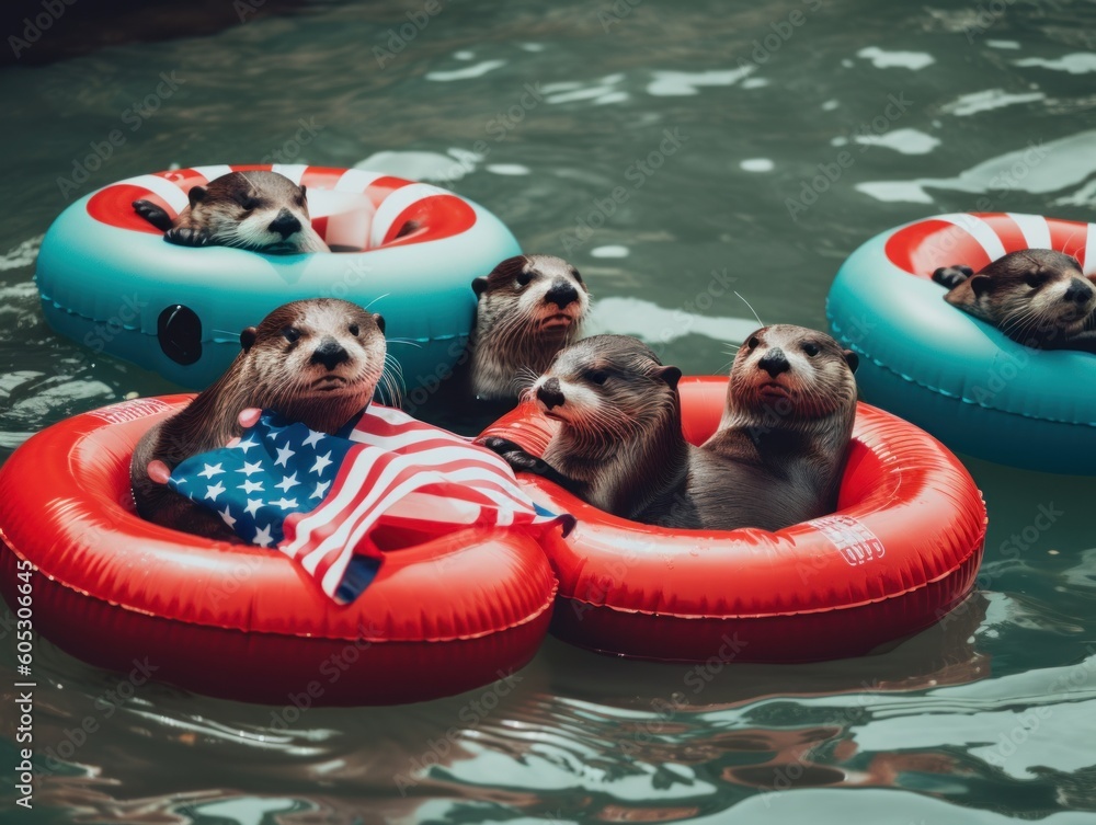 Poster a group of usa patriotic otters floating in a pool of water on inflatable laps with us flag on indep