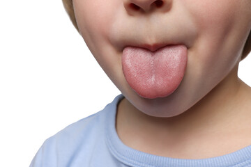 Little boy showing his tongue on white background, closeup