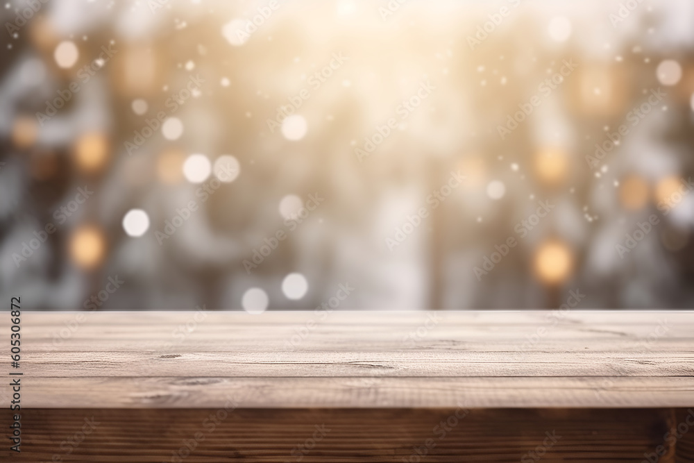 Poster creative mock concept. empty wooden table top with room view of covered snow christmas xmas time blu