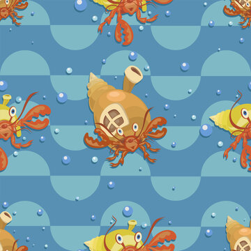 Cartoon hermit crabs. Vector seamless pattern for baby textile. Hermit crab on background of sea 