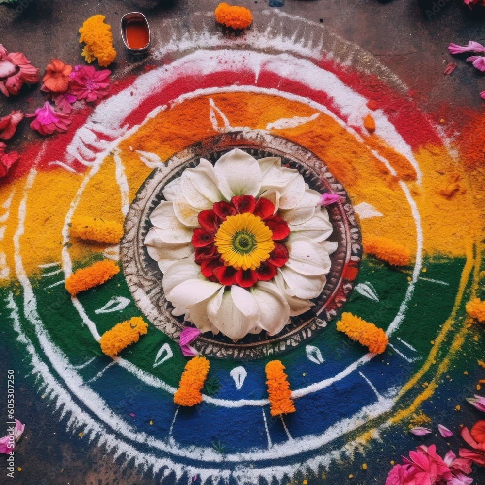 Poster a colorful rangoli with flowers on a table. generative ai image.