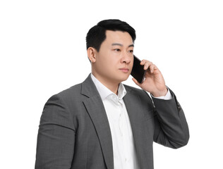 Businessman in suit talking on phone against white background