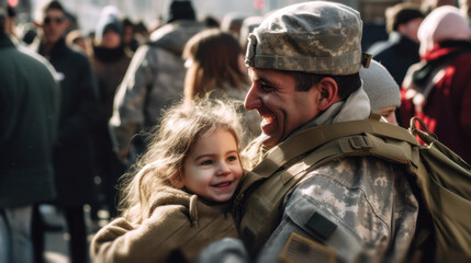 Fototapeta premium Happies moment for a small child when the father returns from duty as a soldier , happy reunited in a hug, a joyful dance of love and relief, filling the air with uncontained happiness. Generative AI
