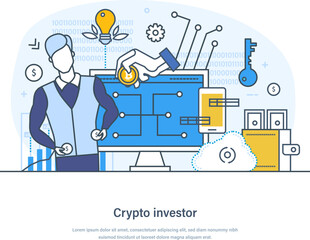 Successful crypto investor making profit with investment trading. Businessman buying and selling cryptocurrency and mining coins on crypto currency market thin line design of vector doodles