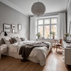 White and Neutral Scandinavian Bedroom. Generative AI