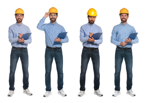 Photos of engineer with hardhat and clipboard on white background, collage design