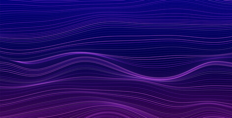 Abstract elegant vector background with smooth thin neon colored lines on dark background. Relaxation style graphic flowing pattern.
