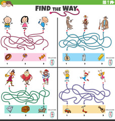 find the way maze games set with funny cartoon characters