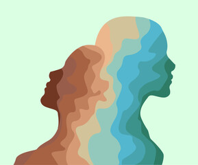 Empathy, support and help. One human figure leaning on other on light green background, illustration