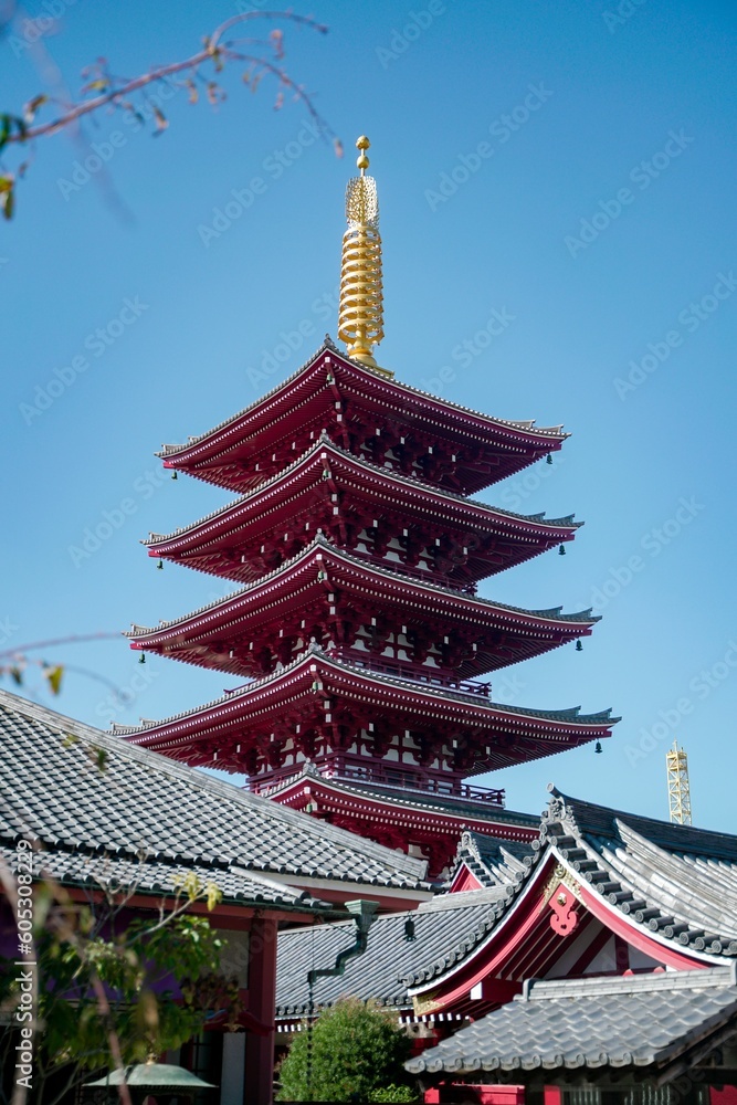 Sticker Vertical shot of the Sensoji temple against a blue sky in  Asakusa, Tokyo, Japan