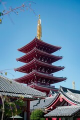 Fototapeta na wymiar Vertical shot of the Sensoji temple against a blue sky in Asakusa, Tokyo, Japan