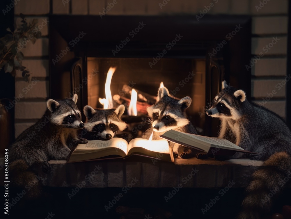 Aufkleber a group of raccoons reading a book in front of a fireplace. generative ai image.