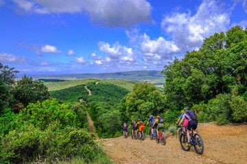 Unrecognisable mountain bikers ride on a firebreak trail over the beautiful landscape with its...