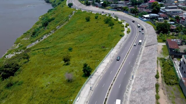 Aerial view of cars on a road by the Congo River in Brazzaville, Congo